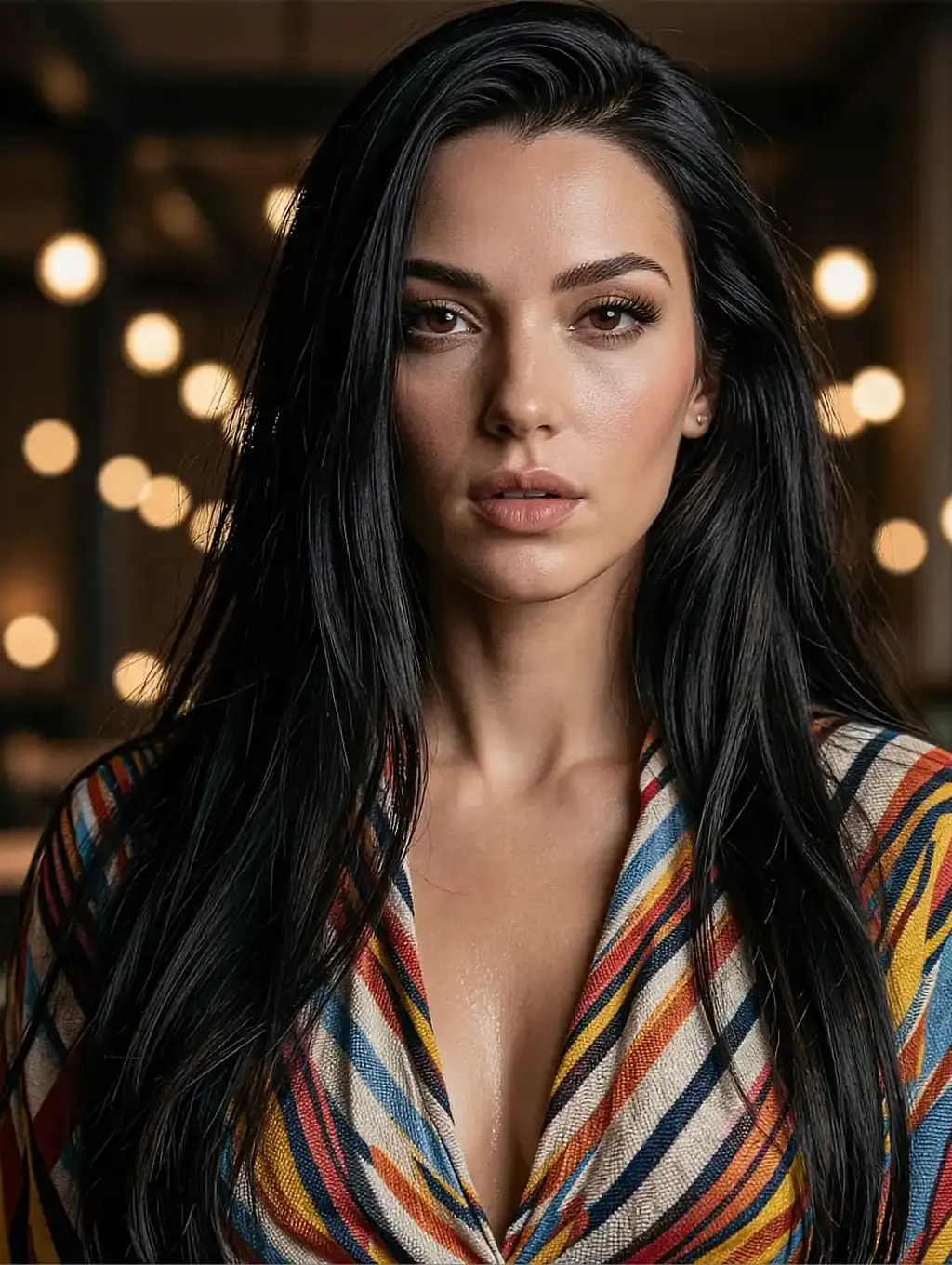 Fictional AI character in a colourful striped blouse, direct gaze against a dark room