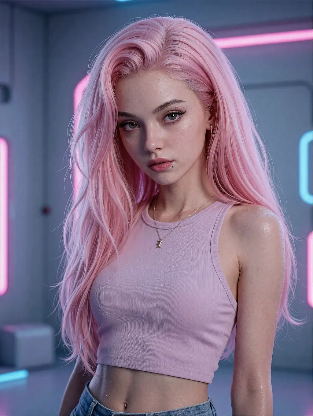 Fictional AI character with long pink hair in a pale crop top, lit by soft neon