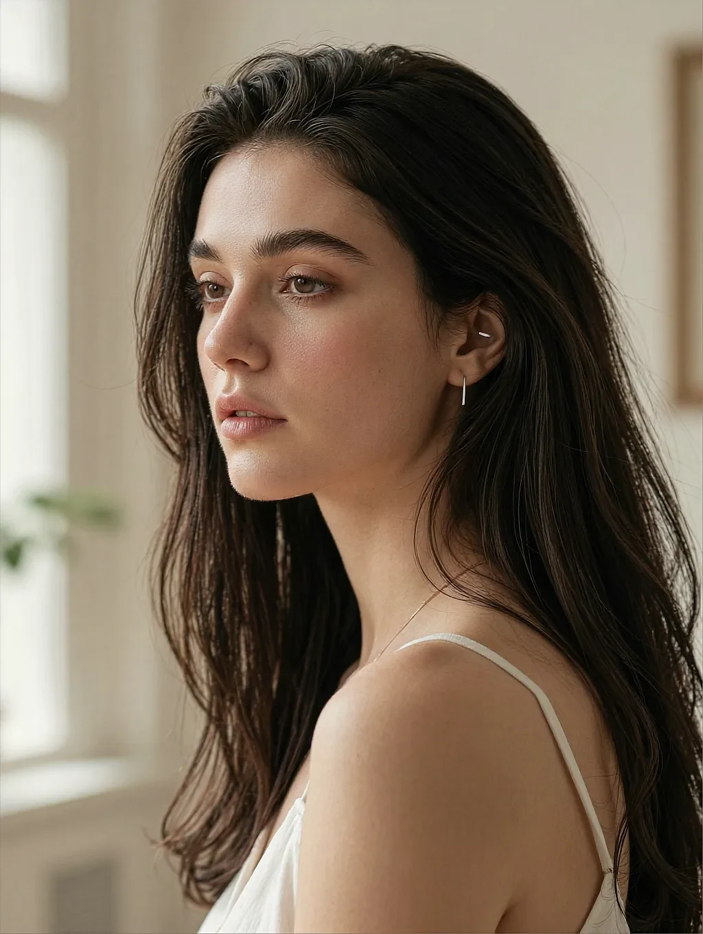 Fictional AI character in profile wearing a white camisole in soft window daylight
