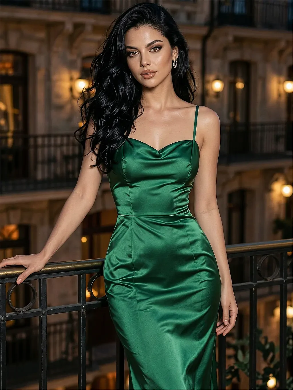 Fictional AI character with black curls in a green satin slip dress on a lamplit street