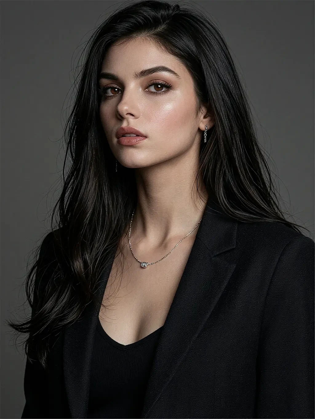 Fictional AI character in a black blazer, low-key studio portrait on a dark background